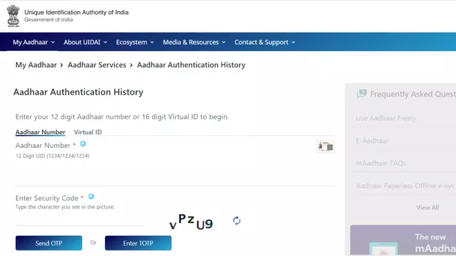 Aadhaar Authentication History window