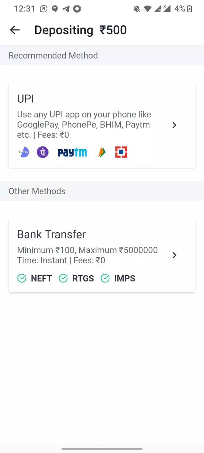 Screenshot of CoinSwitch Kuber app offering UPI support for deposits
