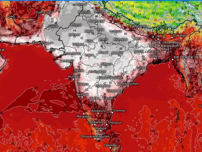 Projections for Sunday also show a heat wave (in ash and silver white colours) building over the entire northern half of the country even as heavy rain keeps the weather cool over the South Peninsula.