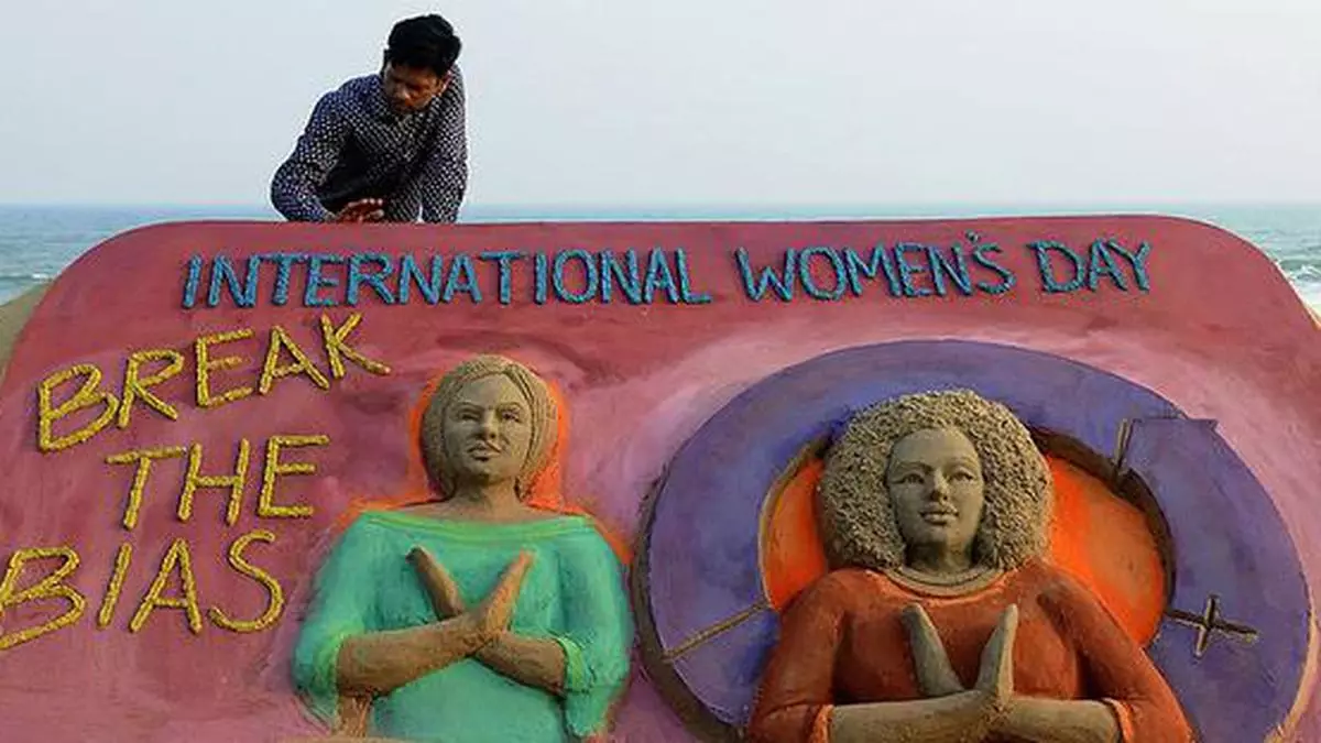 A sand sculpture by artist Manas Sahoo at Puri beach in Odisha to mark the International Women’s Day The Hindu